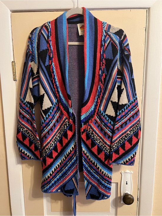 FARM Rio Sweaters - FARM Rio Geometric Open-Front Cardigan Sweater - Blue, Red, Black, Cream